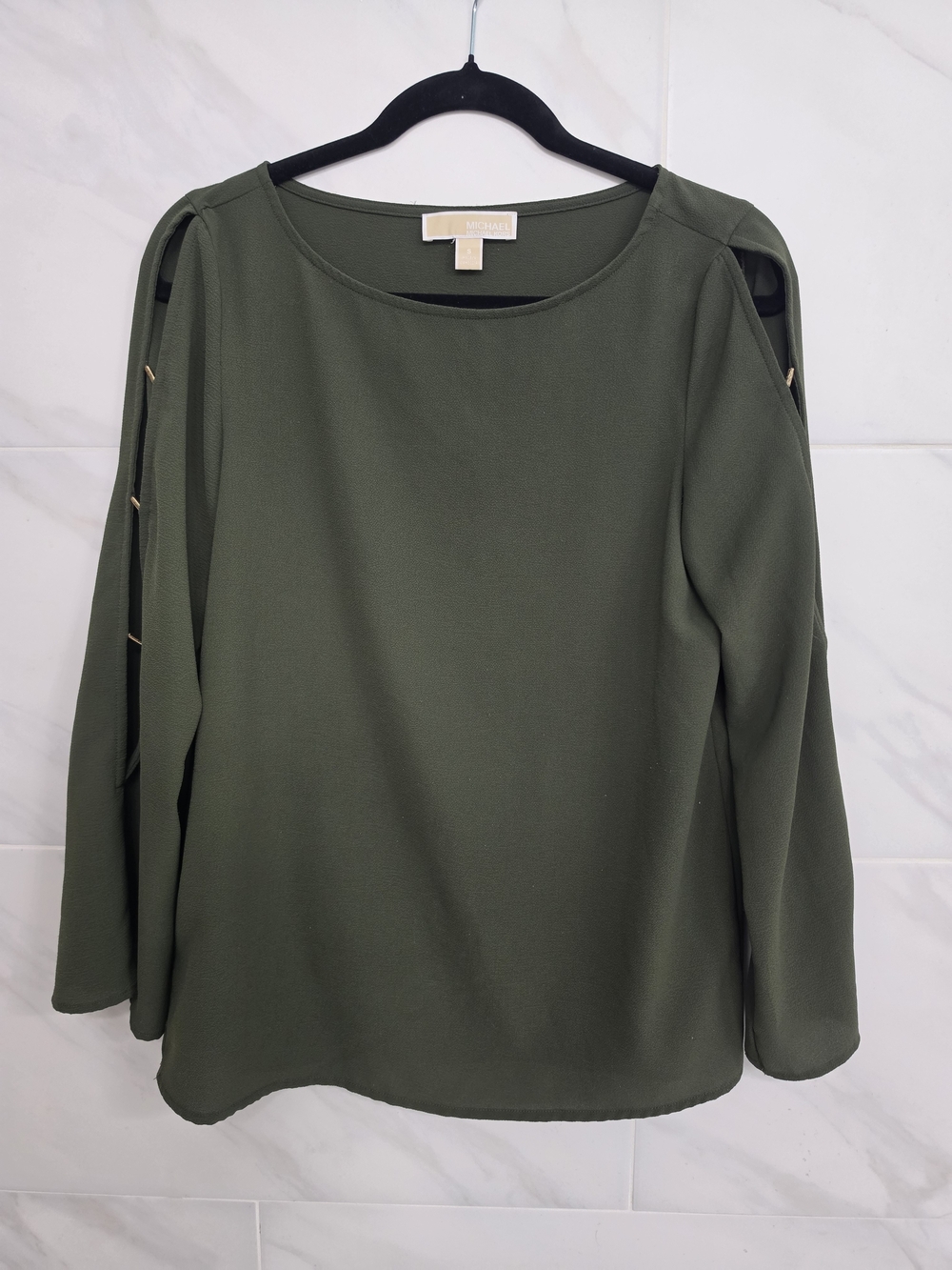 Michael Kors Olive Green Cold-Shoulder Blouse with Gold-Tone Accent